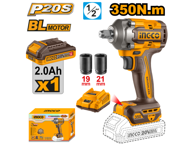 LLAVE DE IMPACTO A BATERIA 350 NM 20V P20S 1/2" BRUSHLESS MOTOR CON BAT + CARGADOR + SET DADOS INGCO CIWLI20351