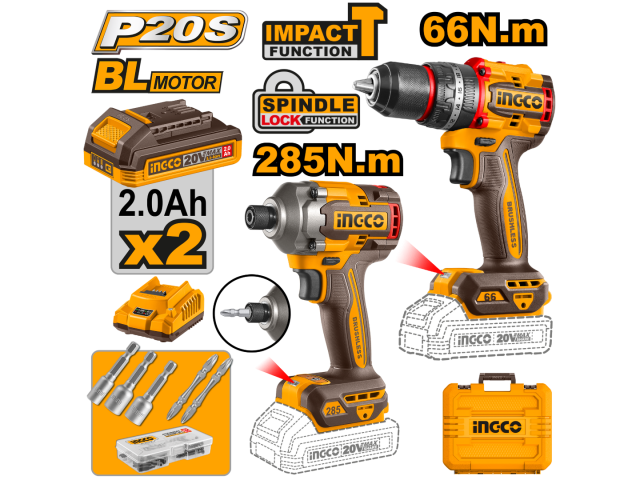 COMBO TALADRO ATORN C PERCUTOR 66NM + ATORNILLADOR DE IMPACTO 20V P20S BRUSHLESS C/2 BAT + CARGADOR + VALIJA + SET ACCES