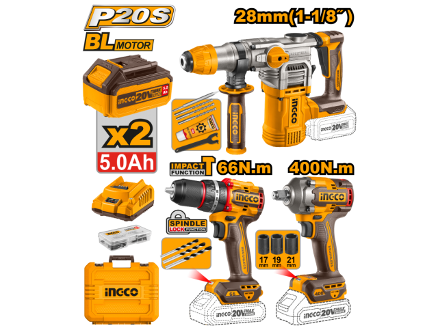 KIT COMBO A BATERIA P20S 20V C/ROTOMARTILLO + LLAVE DE IMPACTO + TALADRO ATORNILLADOR C/PERCUTOR C/ 2 BAT, CARGADOR, ACC