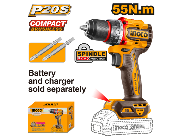 TALADRO ATORNILLADOR A BATERÍA 20V P20S BRUSHLESS 55NM + 2 PUNTAS S/BAT, S/CARG INGCO CDLI205581