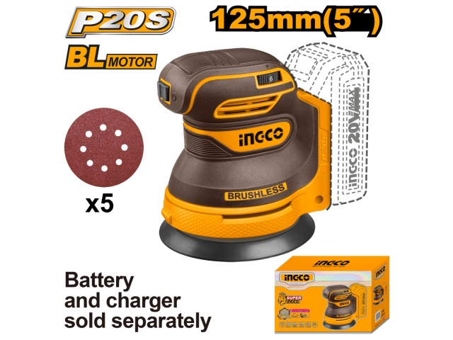 LIJADORA ROTO ORBITAL A BATERIA P20S 20V CON 5 LIJAS, S/BAT, S/CARG INGCO CROSLI2002