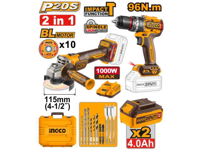 KIT A BATERIA P20S 20V TALADRO ATORNILLADOR C/PERCUTOR 96NM + AMOLADORA ANGULAR, C/2BAT, CARGADOR , ACCESORIOS Y VALIJA