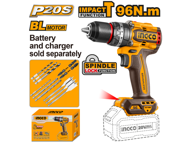 TALADRO ATORNILLADOR C/PERCUTOR A BATERIA BRUSHLESS 20V 96NM + ACCESORIOS,S/CARG S/BAT INGCO CIDLI209681