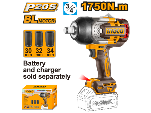LLAVE DE IMPACTO 1750NM A BATERIA P20S 20V BRUSHLESS MOTOR + 3 DADOS SIN BAT SIN CARGADOR INGCO CIWLI201751