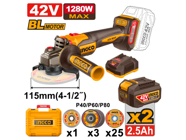 AMOLADORA ANGULAR A BATERIA BRUSHLESS 42V 115MM C/ACCESORIOS + 2 BAT 2.5AH + CARGADOR + VALIJA INGCO CAGLI4128112