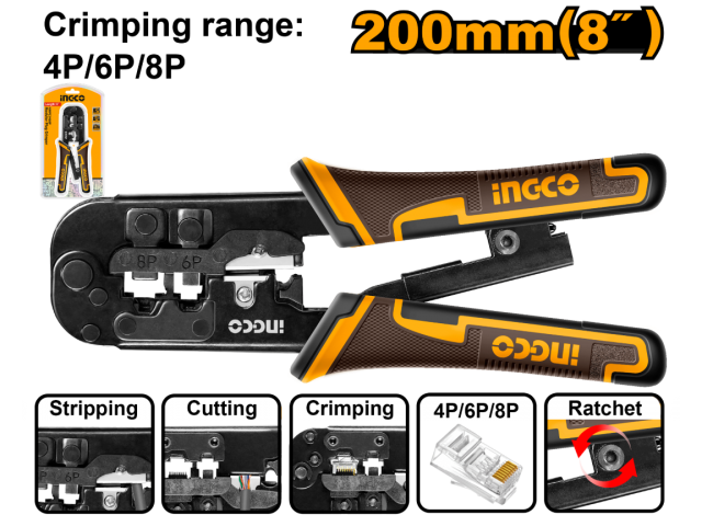 PINZA CRIMPEADORA 3 FUNCIONES PARA RED/TELEFONO 4P 6P 8P 8" INGCO