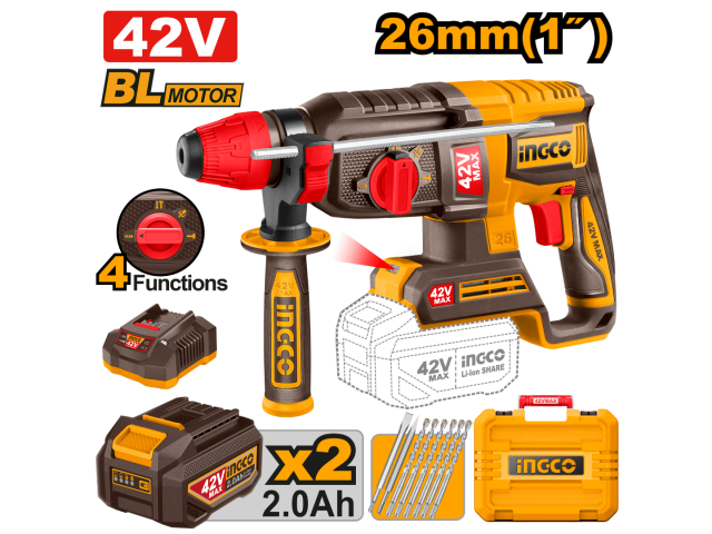 ROTOMARTILLO A BATERIA 42V BRUSHLESS SDS PLUS 2.5J + 6 MECHAS + 2 CINCEL + 2 BAT 2.0AH + CARGADOR + VALIJA INGCO CRHLI42