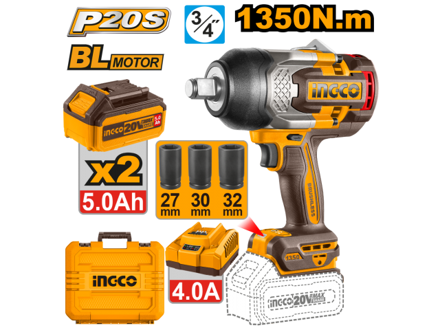 LLAVE DE IMPACTO A BATERÍA 20V P20S 3/4" 1350NM C/2BATERÍAS, CARGADOR, VALIJA + 3DADOS 27, 30, 32MM INGCO CIWLI20135