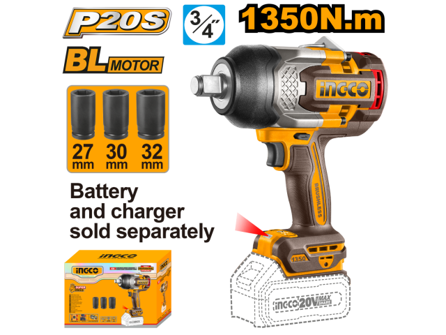 LLAVE DE IMPACTO A BATERIA BRUSHLESS 3/4" 1350NM P20S 20V + 3 DADOS 27,30,32MM S/BAT S/CARG