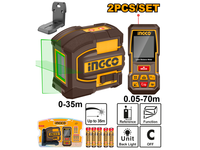 SET MEDICIÓN NIVEL LASER VERDE 35MTS (HLL156601) + MEDIDOR DE DISTANCIA 70MTS (HLDD0708) INGCO COSLL0401