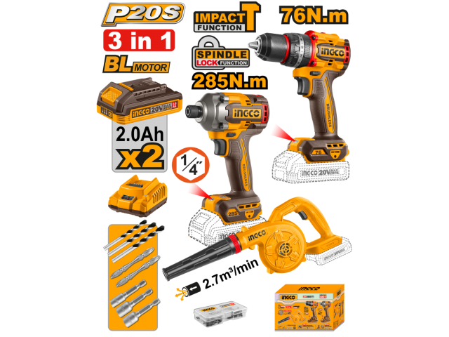 KIT COMBO A BATERIA P20S 20V TALADRO ATORN. C/PERCUTOR 76NM + ATORNILLADOR DE IMPACTO 285NM + SOPLADORA + 2 BAT 2.0AH +