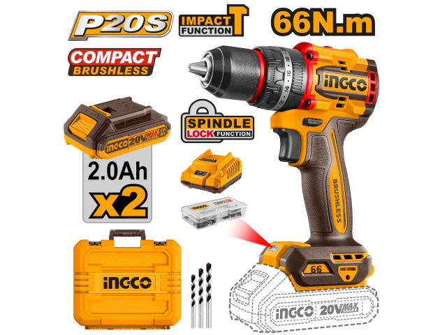 TALADRO ATORNILLADOR C/PERCUTOR A BATERIA 13MM COMPACT BRUSHLESS 20V P20S EN VALIJA C/2 BAT + 47 ACCESORIOS - CIDLI20668