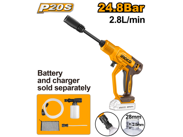 HIDROLAVADORA A BATERÍA P20S 20V 24.8BAR 2.8L/MIN S/BAT S/CARG INGCO CPWLI2036
