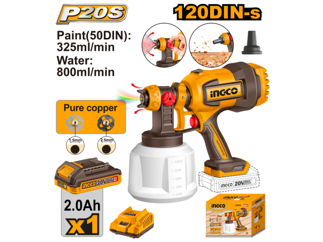 PISTOLA PARA PINTAR A BATERIA P20S 20V + BATERIA + CARGADOR + ACCESORIOS INGCO CSGLI20042