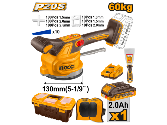 VENTOSA VIBRADORA A BATERIA P20S 20V PARA COLOCAR CERAMICA C/ BAT 2.0AH + CARGADOR + ACCESORIOS + CAJA PLASTICA INGCO C
