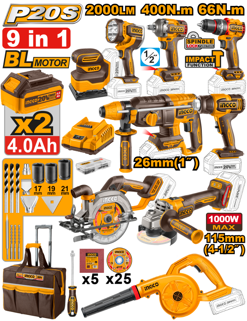 COMBO 9 en 1 INDUSTRIAL HERRAMIENTAS A BATERIA P20S 20V BRUSHLESS + 2BAT, CARG, ACCESORIOS Y VALIJA