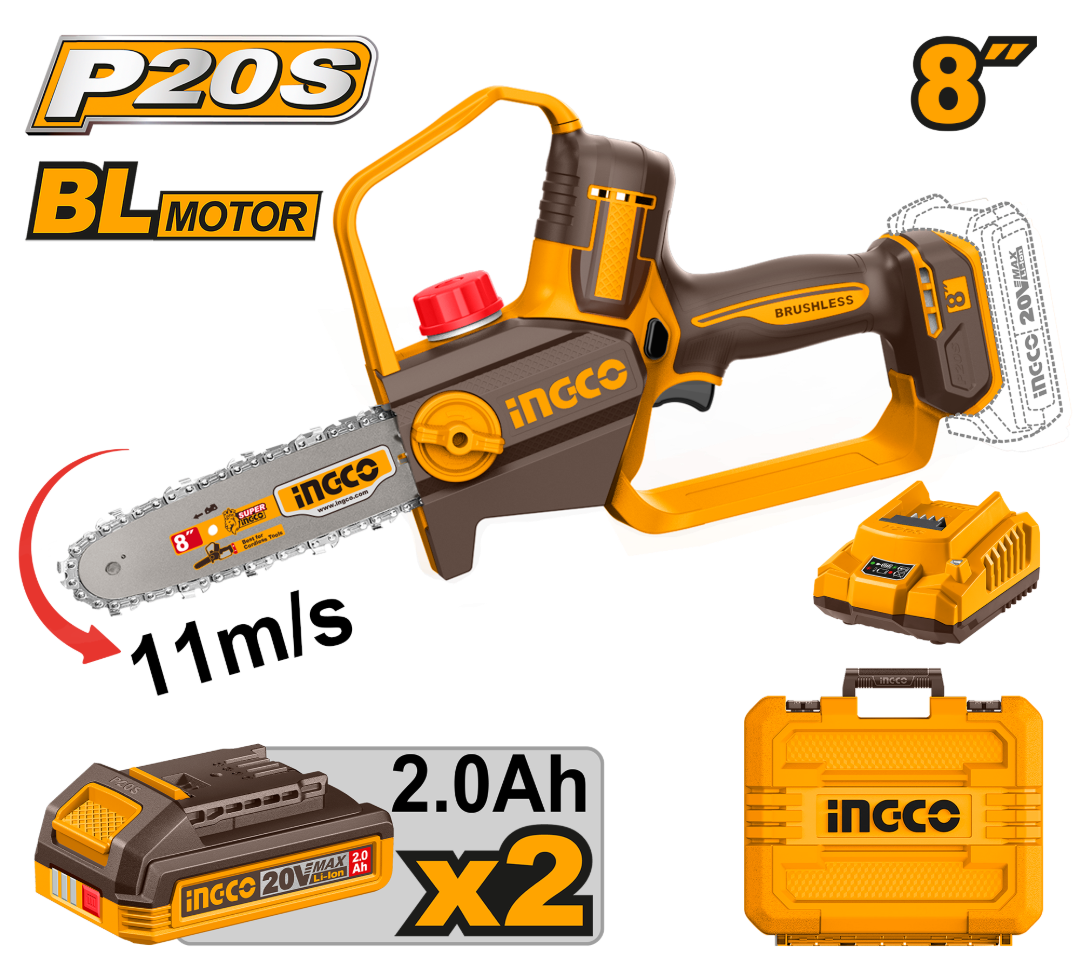 MOTOSIERRA A BATERIA P20S 20V 8" + 2 BATERIA 2.0AH + CARGADOR + ACCESORIOS + VALIJA INGCO