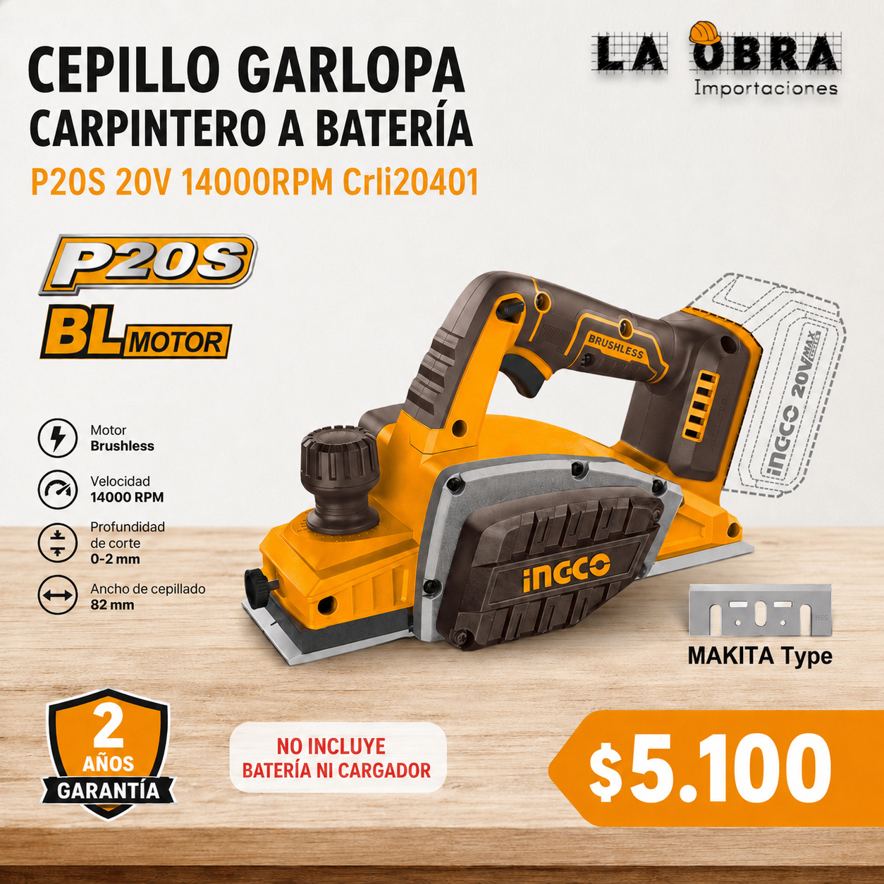 CEPILLO GARLOPA CARPINTERO A BATERIA P20S 20V 14000RPM