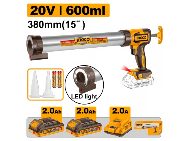 PISTOLA PARA SILICONA A BATERIA 15" 20V P20S CON LUZ + 2 BATERIAS 2.0Ah + CARGADOR INGCO CCGLI20031